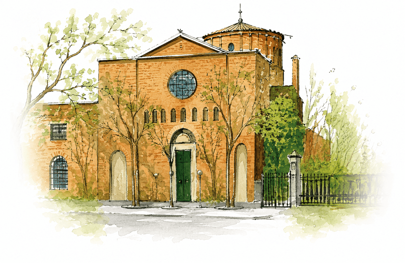 Ilustración a la acuarela de la Iglesia del Espíritu Santo, con su fachada de ladrillo, el rosetón y los árboles de la calle Serrano