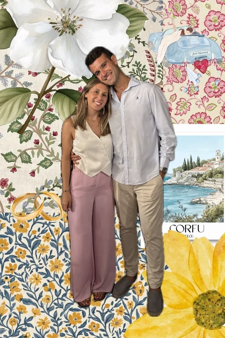 Collage con María e Iván recortados sobre estampados florales, dos alianzas, un coche de recién casados y una postal de Corfú
