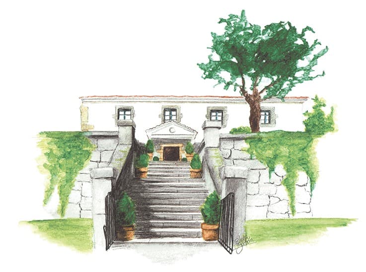 Ilustración a la acuarela de la finca Soto de Cerrolén, con la escalinata de piedra que sube a la casa y el árbol junto a la entrada